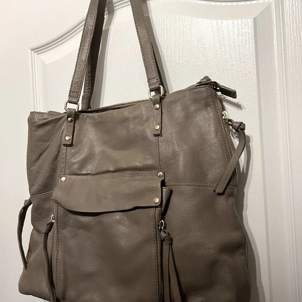 KOOBA Large Taupe Leather Purse-2 Straps-Soft-Gold-Purple Lining-Expands-Hobo